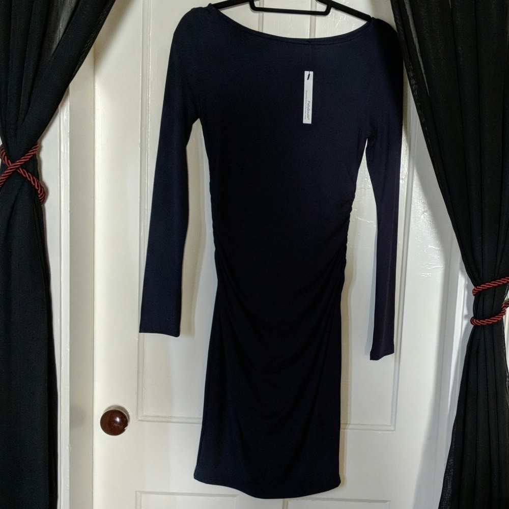Long sleeved ruched sides and back navy blue dress